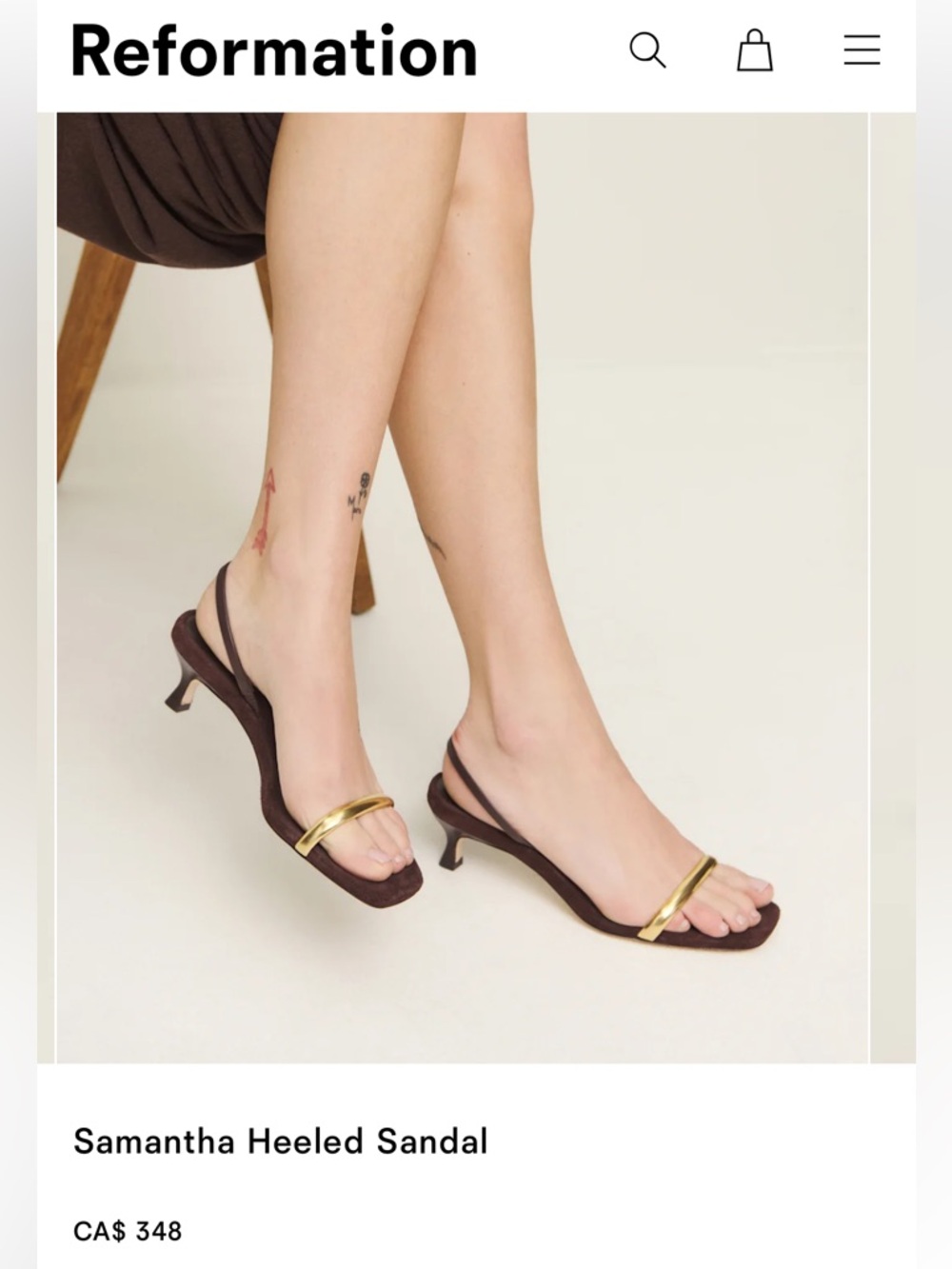 Reformation Samantha Heeled Sandal — Brown with Gold Strap